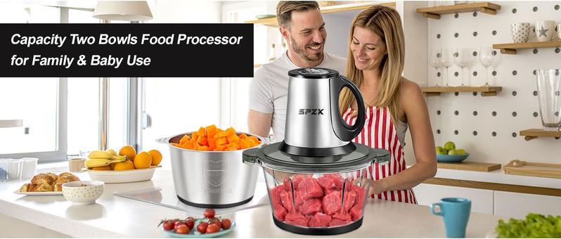 SPZTJK Meat Grinder,Food Processors With 2 Bowls and 4 Bi-Level Blades, Mini Electric Food Chopper 300W, For Baby Food, Meat, Onion, Vegetables