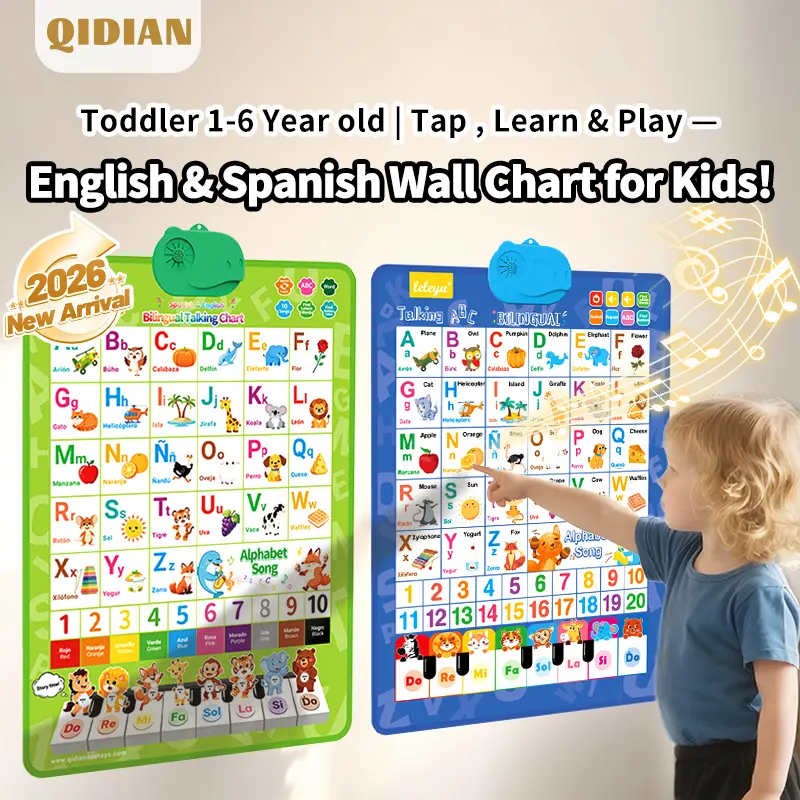 Bilingual Talking Wall Chart Preschool Learning Tool - English & Spanish Talking Language Toys with Songs, ABCs, Numbers, Animal Words, Piano - No-Screen Battery-Powered Educational Toy for Toddlers 1-6, Classroom Use,back to school backtoschool