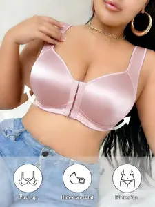 4 Pack Smooth Seamless Plus Size Backless Push Up Bras for Women Front Closure Deep V Support Comfort Full Figure Underwear Set Pink Green Yellow Black