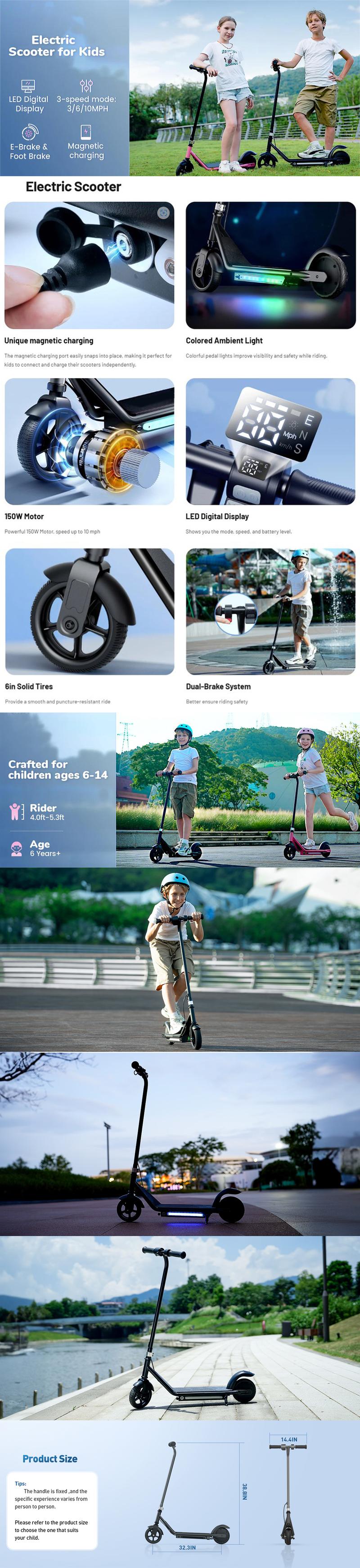 【Spring Exclusive】IIK3 Pro Electric Scooter for Kids 6-12, Riders 4.0-5.3ft, 154lb max load, Up to 60-80 min Continuous Time, 150W Motor, 3.7-5.6 Miles Range, 3 Speed Adjustable, 10 MPH Max Speed, Magnetic Charging, Safe & Comfy Ride, 18V2.6Ah