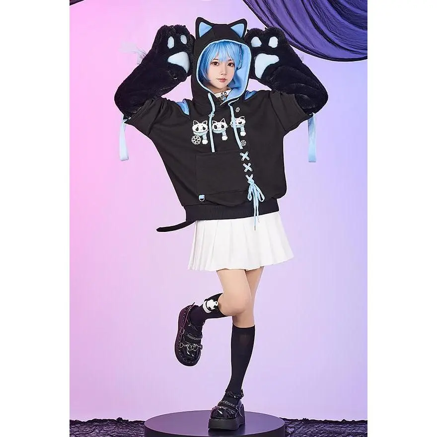 Micotaku Snow Down Blue Black Skull Cat Print Pullover Hoodie with Detachable Furry Cat Paw, Straps, Fabric, Long Sleeve, Sweatshirts, Polyester, Tops, Women, Furry Paw Bag, Fabric Blend, Detachable Tail, Casual, Graphic