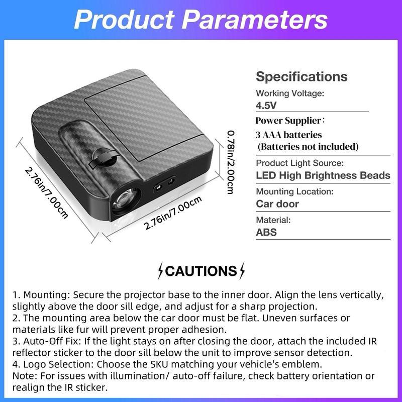 2Pcs Car Door Emblem Projector Light Wireless Welcome Lamp Auto Accessories Battery Not Included