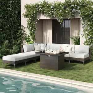 LayinSun 8-Piece Outdoor Modular Wicker Sectional Sofa Set with Fire Pit Table, Patio Furniture Conversation Set with Deep Seating and Thick Cushions, Multiple Packages