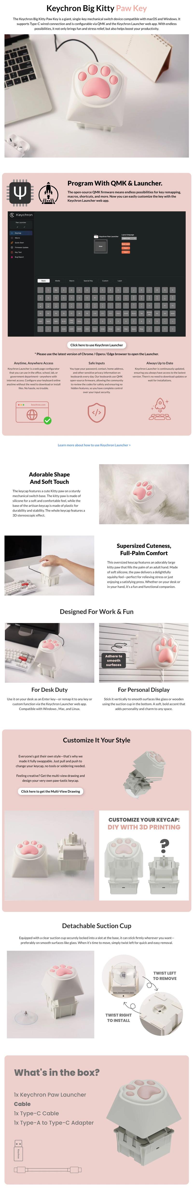 Keychron Big Kitty Paw Key – Giant Cute Silicone Macro Key, One-Press App & Website Launcher, Perfect Desk Toy & Valentine’s Day Gift