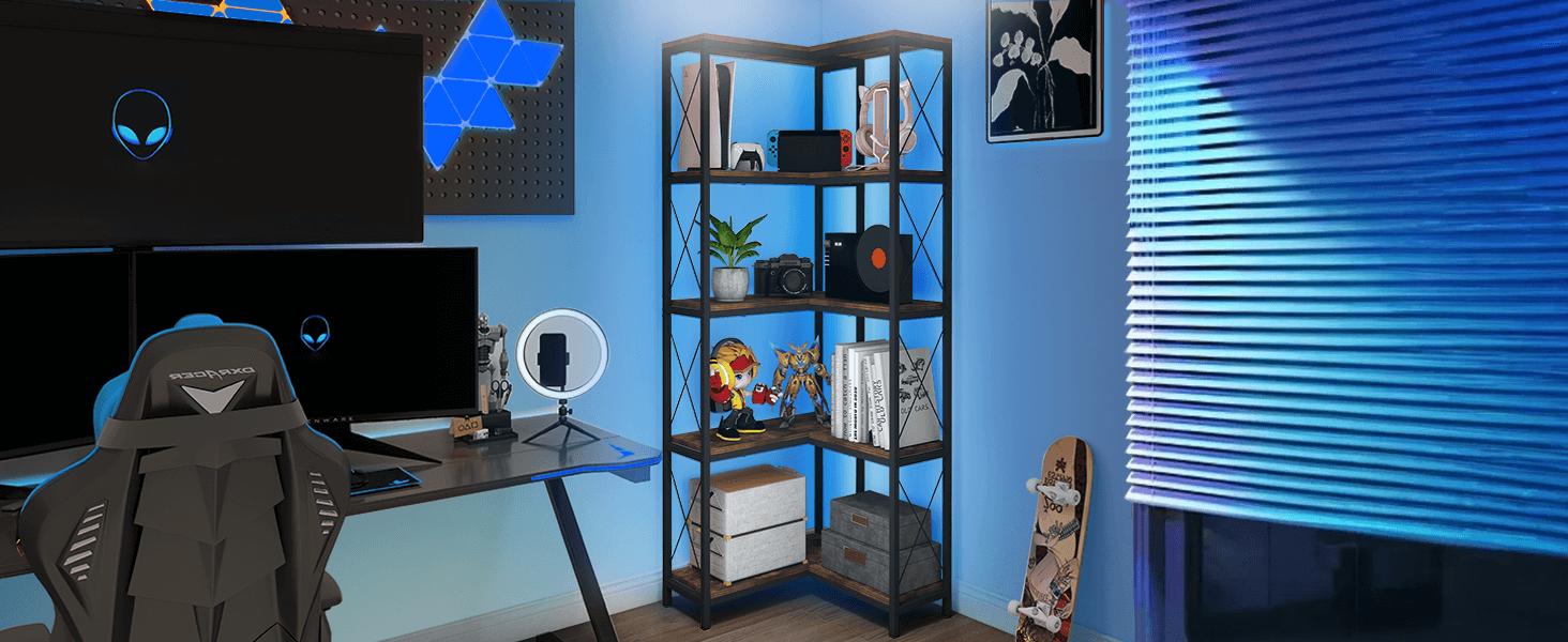 Corner Bookshelf, 5 Tier Industrial Style Design Corner Shelf with Metal Frame and Open Shelves for Living Room, Bedroom, Study, Black IF153 Corner Bookshelf, 5 Tier Industrial Style Design Corner Shelf with Metal Frame and Open Shelves for Living Room, Bedroom, Study, Black IF153