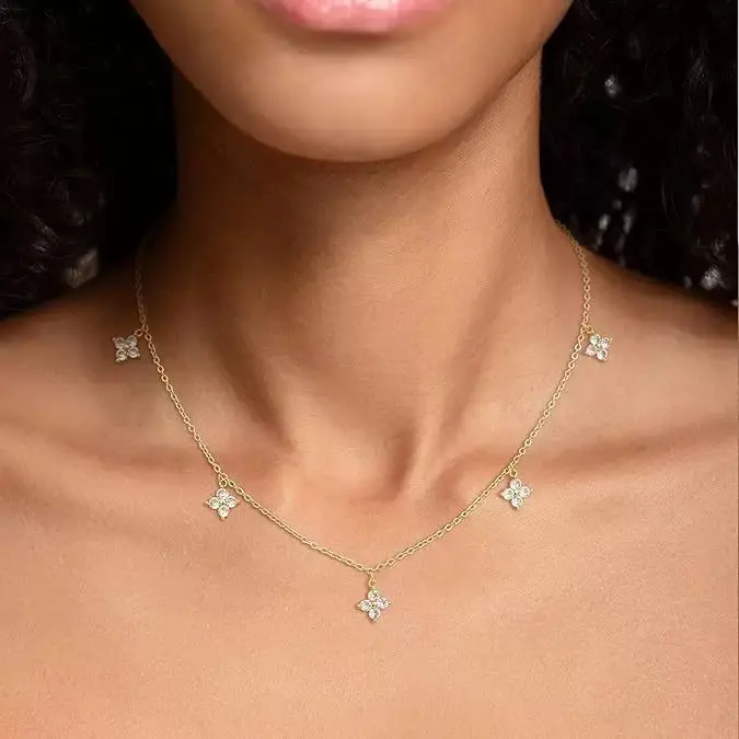 Halo Grace Dainty White Gold Plated Brass Necklaces for Women Cute Clover Station Choker Flower Necklace Simple Layering CZ Necklace Trendy Jewelry Gifts