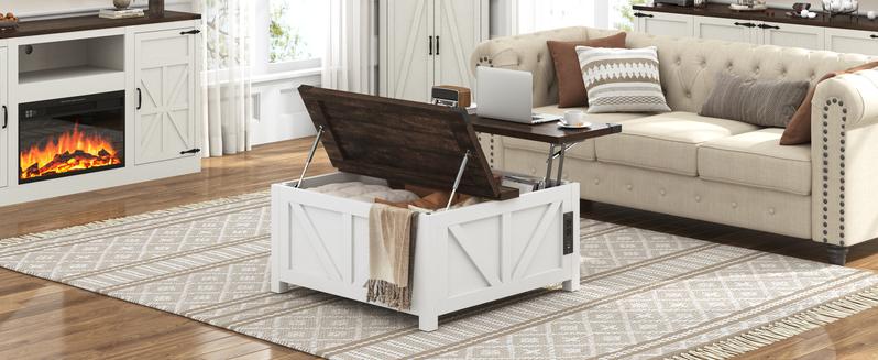 Farmhouse Coffee Table with Storage, Wood Square Center Table with Charging Station & USB Ports, Lift Tabletop Central Table with Large Hidden Space, for Living Room, Bedroom, Home Office