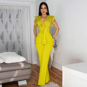 2025 Women's Women's V neck Waist Line Lace Splicing Sleeveless Jumpsuit womens Overalls Vneck