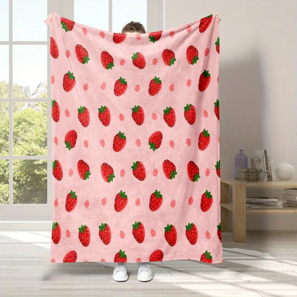 Strawberry Pattern Flannel Blanket, Soft Throw Blanket, Soft Lightweight Blanket, Air-conditioned Room Blanket, Warm Nap Blanket for Home Office Travel, Gift for Girls