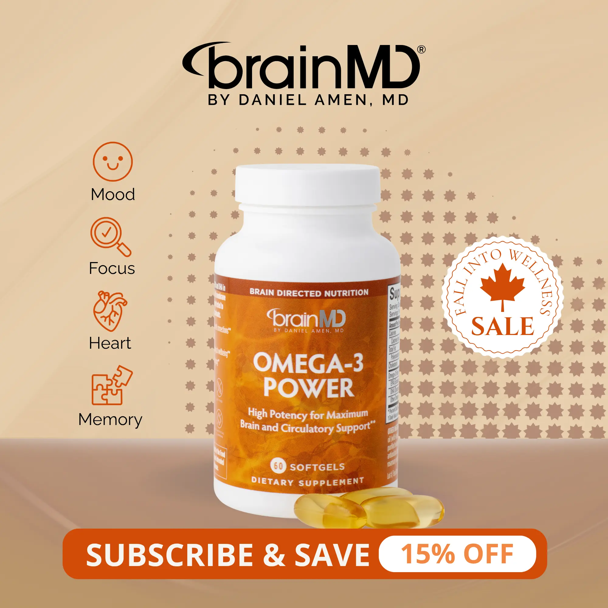 Omega-3 Power | BrainMD | 60 or 120 Softgels | Heart, Brain & Mood Support | Focus, Memory & Joint Health Support | EPA & DHA Fish Oil
