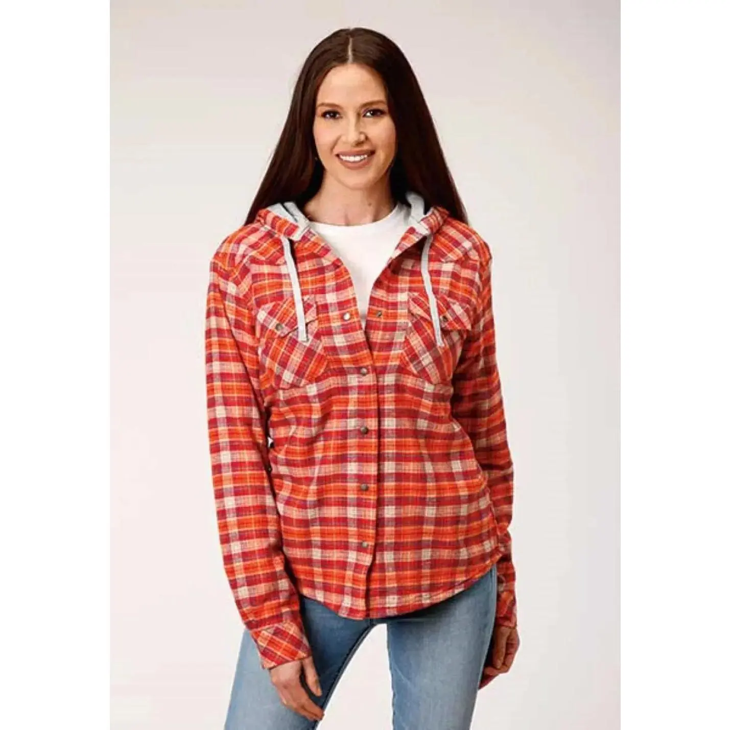 Roper Thermal Flannel Hoodie (Orange) - Women's Flannel Button Down Hoodie Sweatshirt