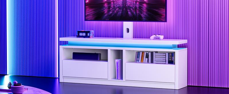 HOOBRO TV Stand with Mount, Swivel TV Stand Mount for 75 inch TV, Entertainment Center with Power Outlet, Height Adjustable TV Console with Flip Down Drawer for Living Room, Bedroom, White