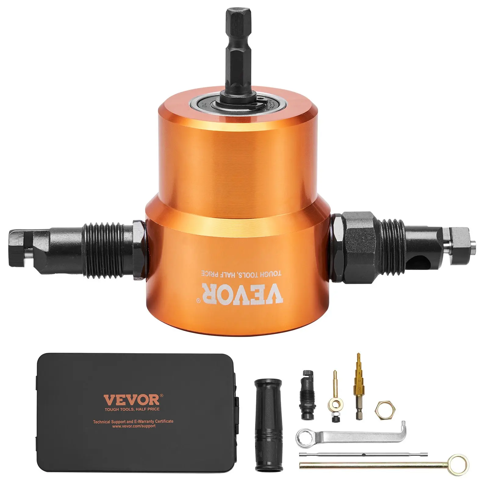 Double Head Sheet Metal Nibbler Cutter, 360-Degree Drill Attachment with Extra Punch & Die, Cutting Hole Accessory, Step Drill Bit, 2.2 lbs (0.98 kg), 5" x 2" x 3.3", 1500-3000rpm for Straight, Curve & Circle Cutting