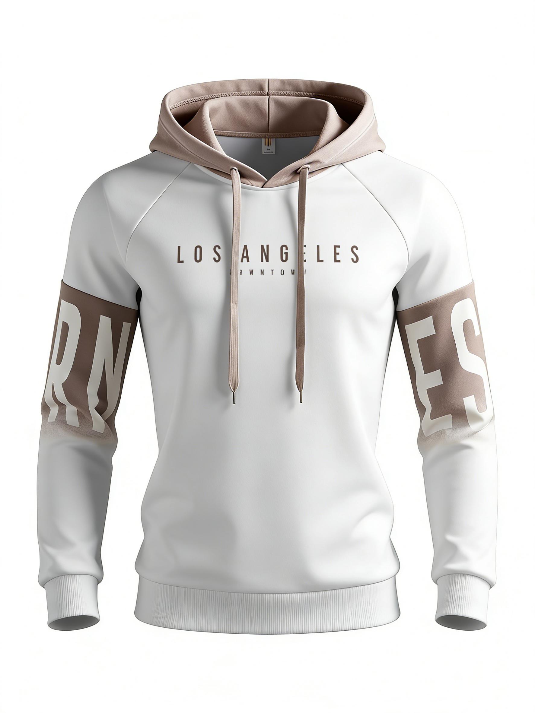 Men's Los Angeles Downtown Pattern Hoodie | Black and Gray Colorblock Pullover, Contrast Color Hood, Long Sleeve Letter Print, Soft Casual Sweatshirt, Suitable for Everyday, Street, Travel Wear