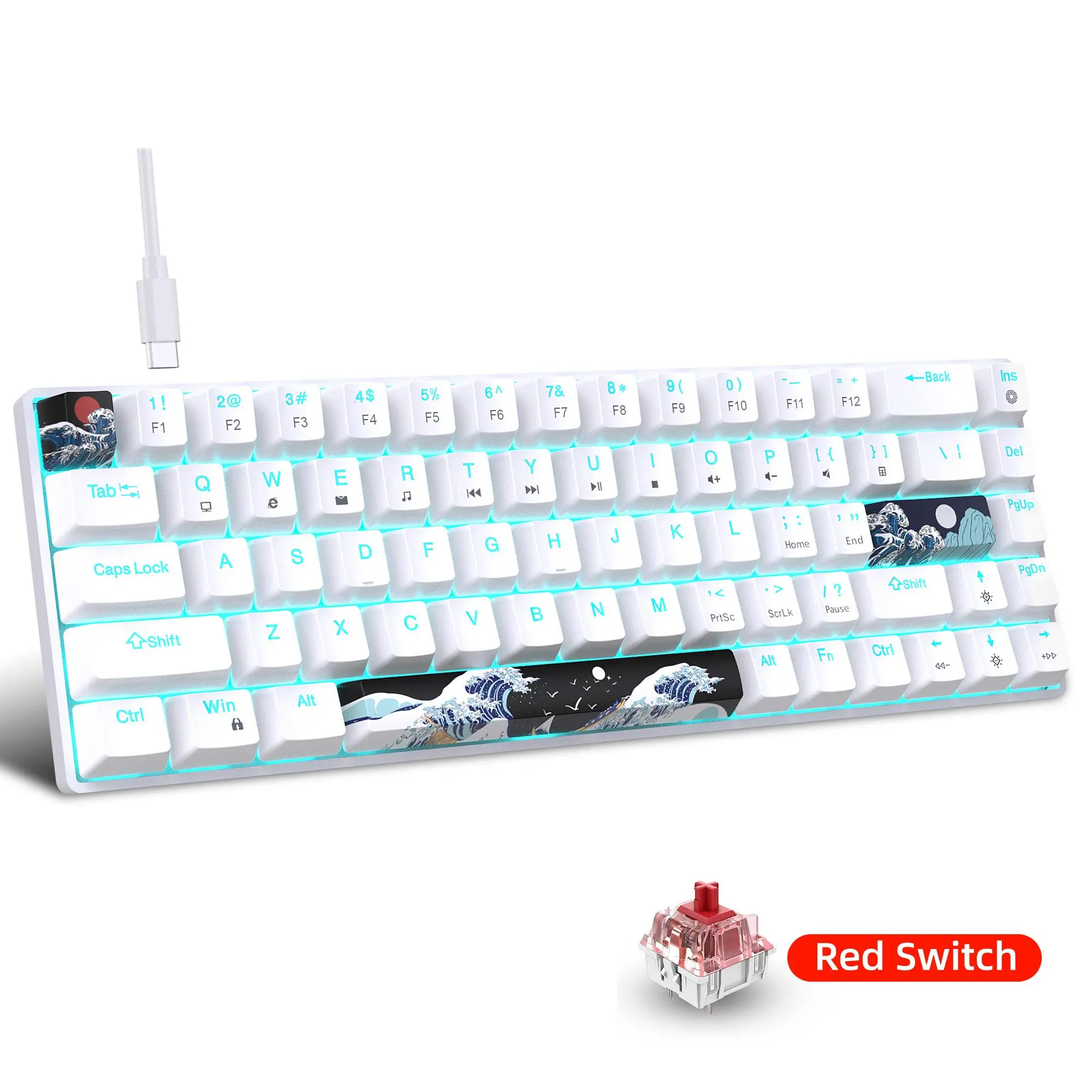 HXSJ 60% Gaming Ergonomic Mechanical Keyboard, Ultra-Compact Mini 68-Key Wired Keyboard with Anti-Ghosting Keys, Suitable for Laptops and PC Gamers, Gaming PC Accessories