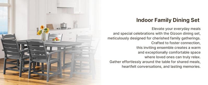 Gizoon 7 Piece HIPS Patio Furniture Set, Dining Table and Chairs for 6, Outdoor Dining Table Sets with Umbrella Hole, Patio Dining Set for Garden, Backyard, Lawn, Grey