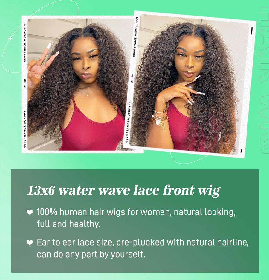 FORGIRLFOREVER 13x6 Lace Frontal Wig Human Hair Pre Plucked Water Wave Glueless Wig Natural Color Transparent Lace Front Human Hair Wigs