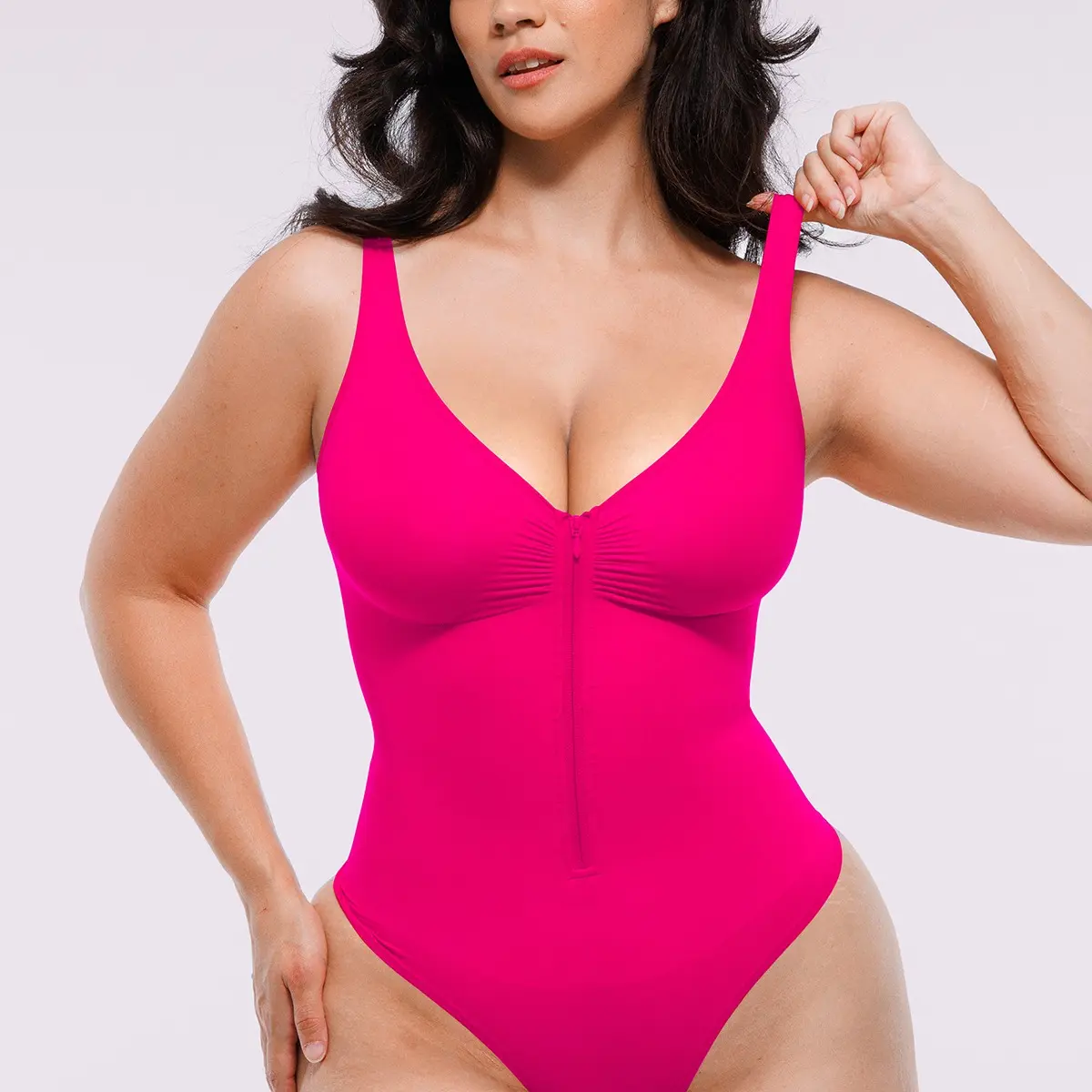 Sleeveless Zipper Front Thong-Magenta