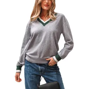 Asvivid Women's Contrast Collar Sweater Striped Trim V Neck Varsity Sweaters Tops Long Sleeve Knitwear