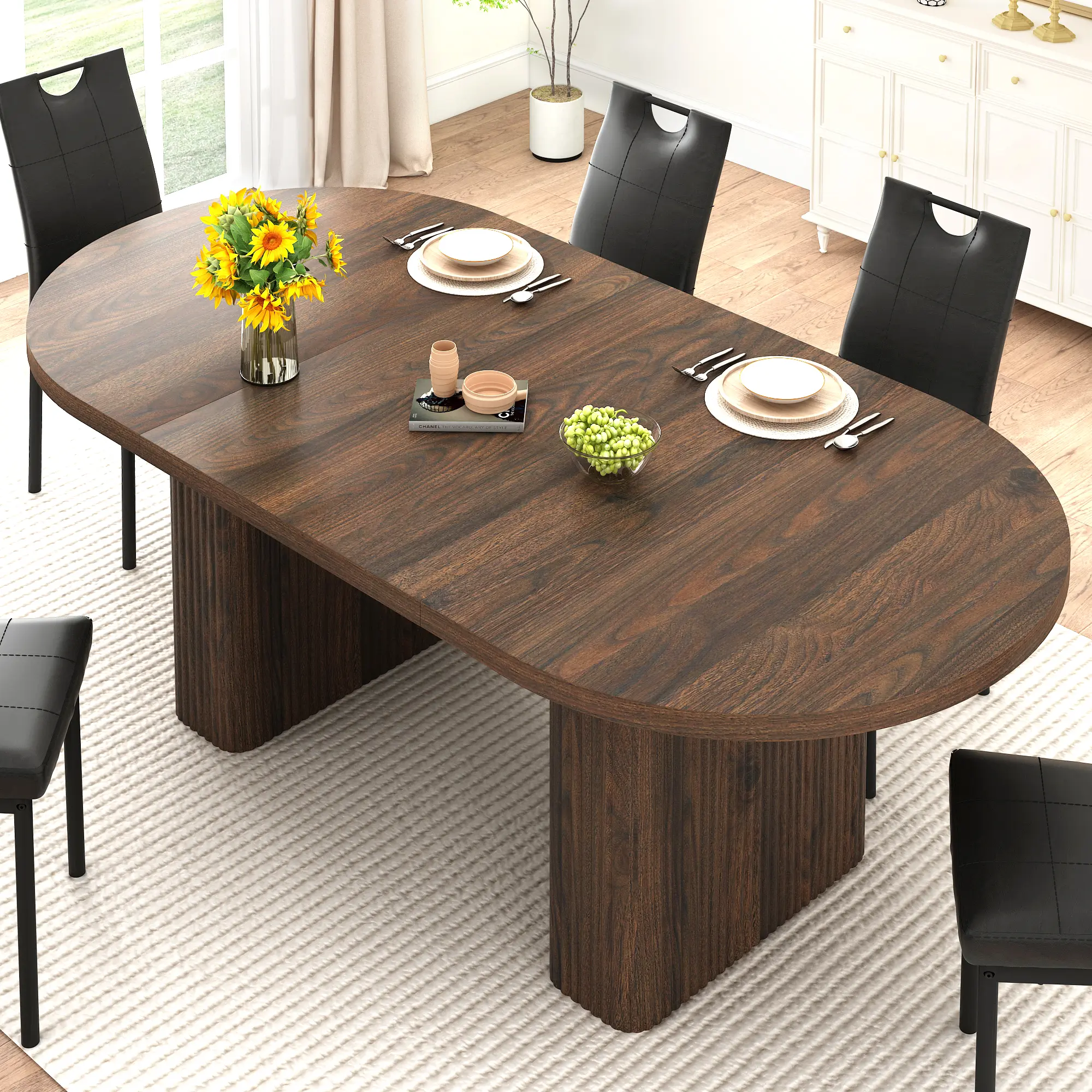 70.9 in Dining Table for 4 5 6 | Modern Walnut Rectangular Kitchen Table W/Waterproof Wood Tabletop,Farmhouse Long Dining Room Tables W/Foot Pads&Wood Strip Base for Kitchen Living Room