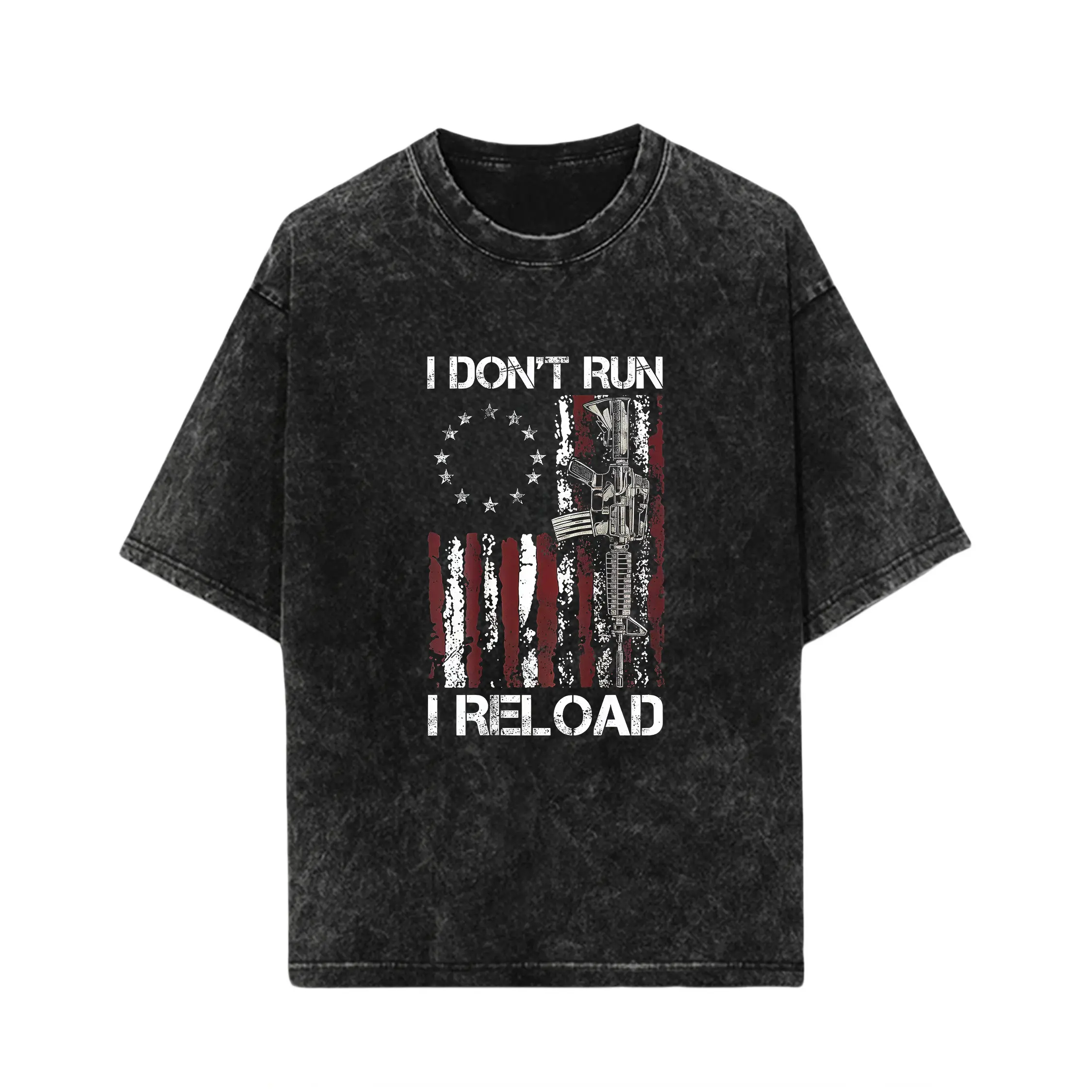 100% Cotton American Flag Patriots T-Shirt - 'I Don't Run I Reload Gun' Design, Short Sleeve, Round Neck, Machine Washable