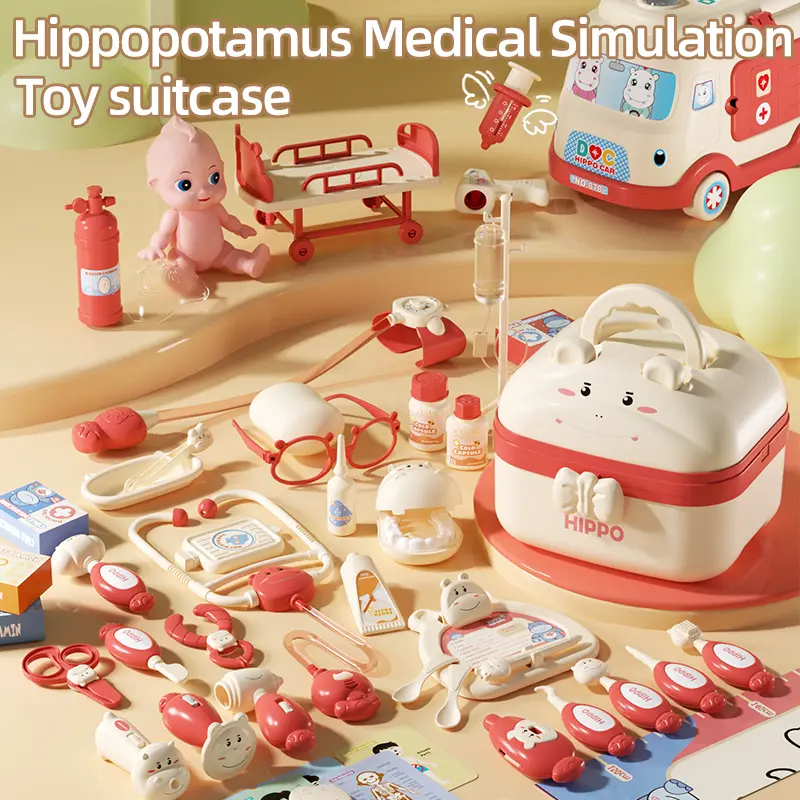 Hippo Themed Kids Medical Roleplay Toy Kit with Storage Case - Realistic Light & Sound Stethoscope, Blood Pressure Monitor, Doll, Medical Bed, Educational Gift for Ages 3-8 Boys & Girls