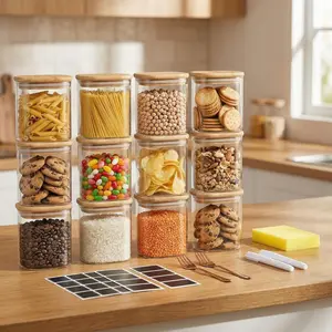 12 square glass storage jars, 17 ounces, 500ml with bamboo lids and labels, transparent, suitable for snacks, cereals, tea, beans, salt, pepper, seasonings, glass jar set, reusable kitchen storage jars, good gift