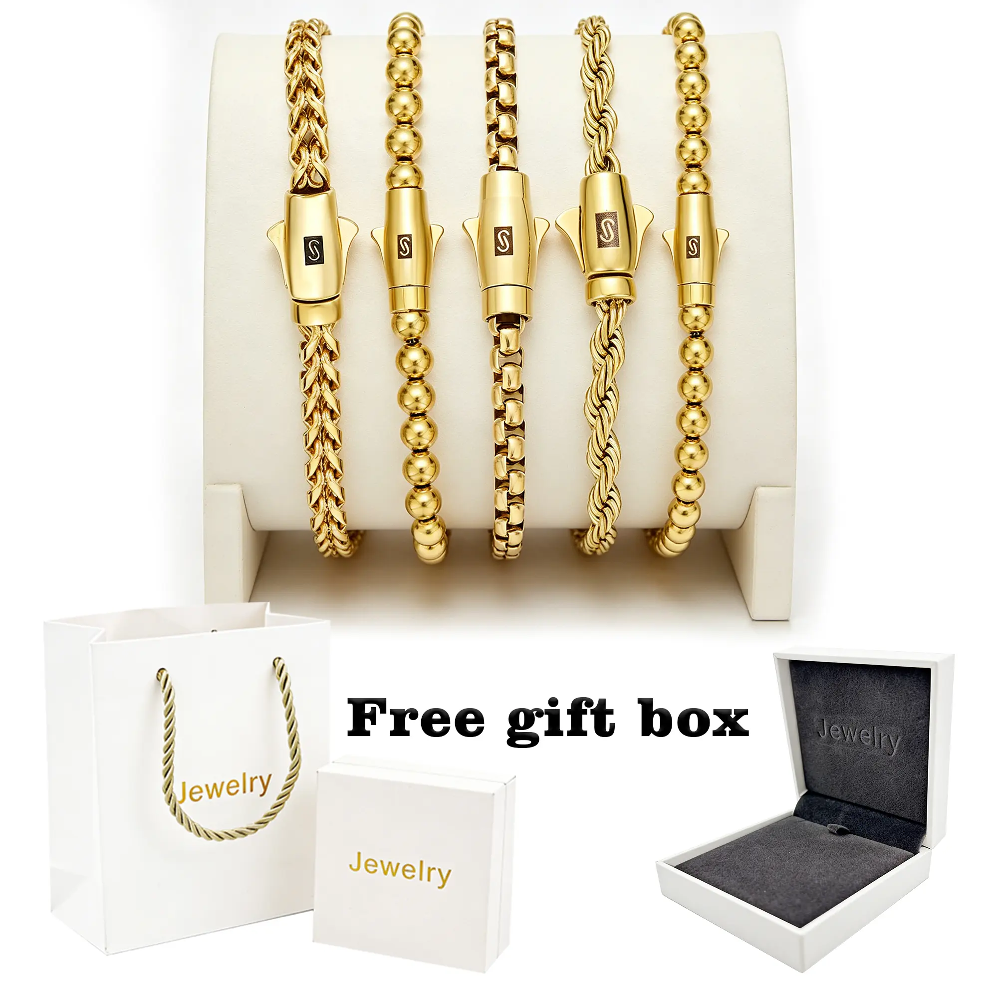 14K Gold Plated Stainless Steel Monaco Miami Cuban Link Bracelets, 5 Styles Twisted Rope Bead Box Chain Handmade Custom Bracelet with S Logo Bullet Clasp, Waterproof Hypoallergenic Anti-Tarnish Hip Hop Street Jewelry, Free Gift Box Luxury Accessory Gift