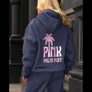 Pink Palm Pufff Classic Puff Hoodie in Navy Oversized, Women'S Casual Hooded Sweatshirt - White Pullover with Front Pockets, Soft & Durable Fabric, Machine Washable Cotton Unisex Womenswear Drawstring