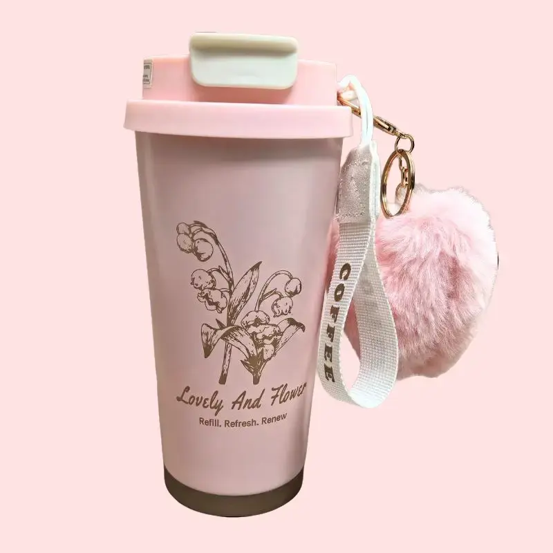 [Summer Picks] Stainless Steel Double Wall Insulated Coffee Cup 500ml Lily of Valley Design Leakproof Car Cup Unisex Outdoor Travel Tumbler Detachable Drinkware Valentine's Day Lover's Gift