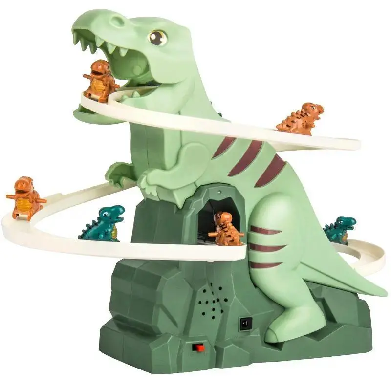 Electric Dinosaur Climbing Track Toy Set with 6 Mini Cars – Interactive Stair Conveyor Playset with Music for Kids Indoor Fun