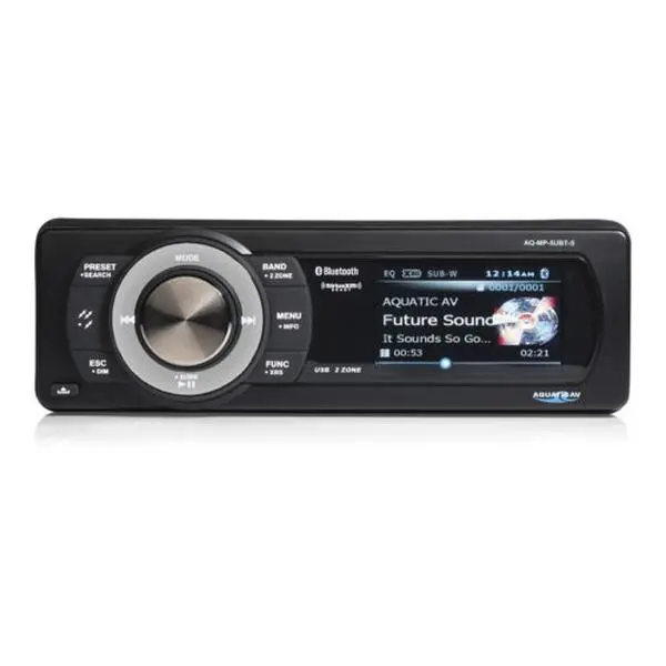 Aquatic AV AQ-MP-5UBT-S 1-Din Marine Head Unit - Stainless Steel, LCD Display, DC 9.6-14.4V, AM/FM Radio, USB Port, AUX-In, Bluetooth/IAP, Remote Control, RCA, Android Compatible, 4x72W (2 Ohms), 3.5mm Jack, 30x Pre-Set Memory, Included Parts