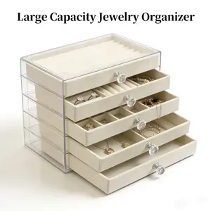 Premium 5-Layer Velvet Jewelry Box, Acrylic Desktop Organizer, Multi-Compartment Earring Necklace Ring Storage Case, Dustproof Dresser Jewelry Display Holder