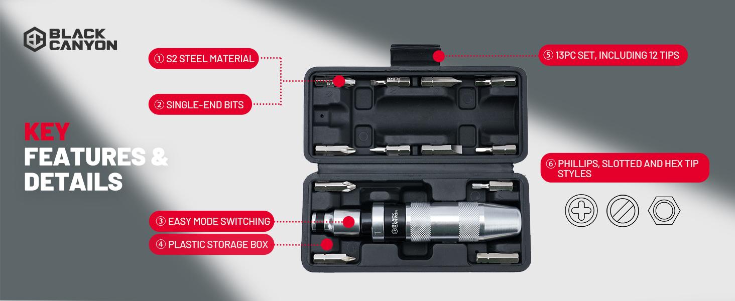 BLACK CANYON 1/2" Reversible Hand Impact Screwdriver Set - 13 Pcs S2 Alloy Steel Bits (Slotted, Phillips, Hex Tips) for Mechanic, Car Tools, Car Accessories, Auto/Motorcycle Door Locks, DIY Maintenance, Rust/Frozen Fasteners Removal BLACK CANYON 1/2" Reversible Hand Impact Screwdriver Set - 13 Pcs S2 Alloy Steel Bits (Slotted, Phillips, Hex Tips) for Mechanic, Car Tools, Car Accessories, Auto/Motorcycle Door Locks, DIY Maintenance, Rust/Frozen Fasteners Removal