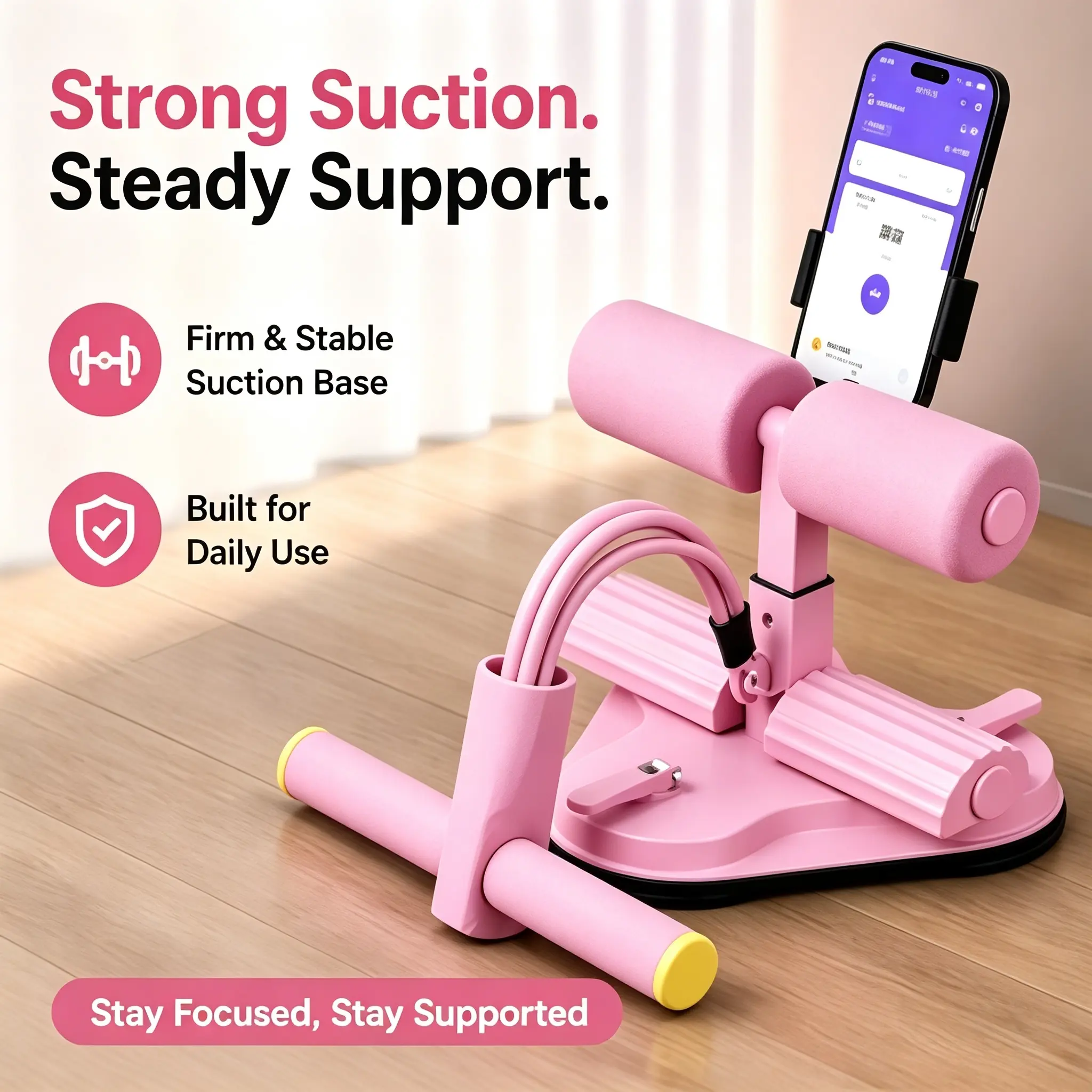 Multi Surface Floor Sit Up Assistant with Triple Secure Suction Base & Detachable Resistance Bands,All In One Indoor Workout Tool with Phone Mount Comfort Foam Rollers,Compact Home Abdomen Training Device for Beginner Daily Exercise
