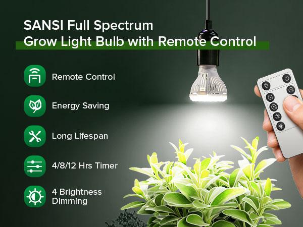 SANSI Dimmable Grow Light Bulb, Full Spectrum with Remote Control, Auto On Off Timing 4 8 12 Hrs, 10W PAR20 (150 Watt Equiv) Grow Lamp with Optical Lens for High PPFD, Energy Saving for Indoor Plants