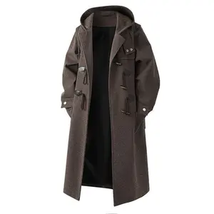 2025 Autumn Winter New Loose Plus Size Wool Coat Men's Mid-Length Trench Coat with Horn Buttons and Hood Menswear Jackets Casual Classic