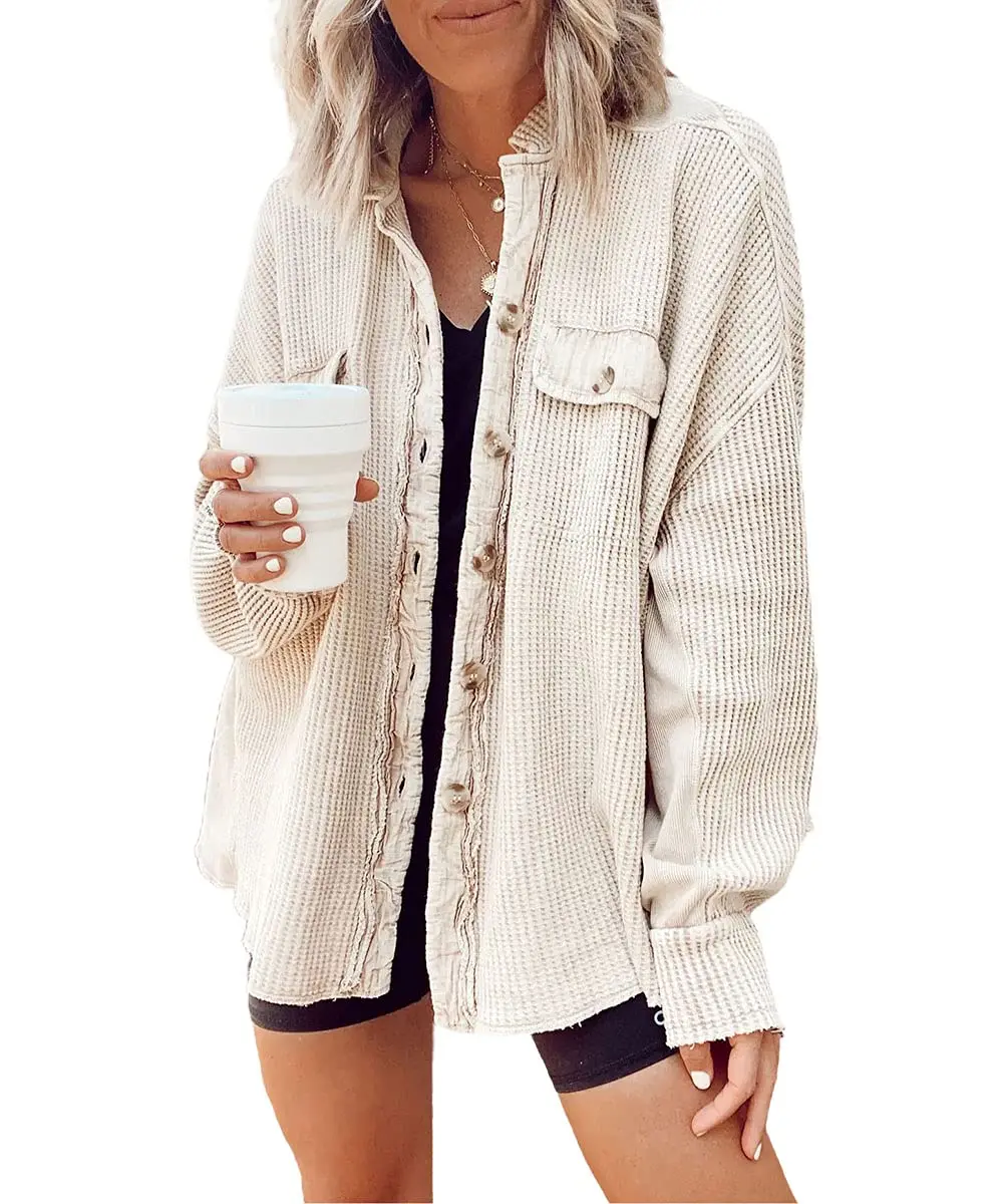 Ebossy Womens Long Batwing Sleeve Splicing Cardigan Lightweight Waffle Textured Boyfriend Shirt Jacket Shacket,clothes for back to school,first day of school outfits