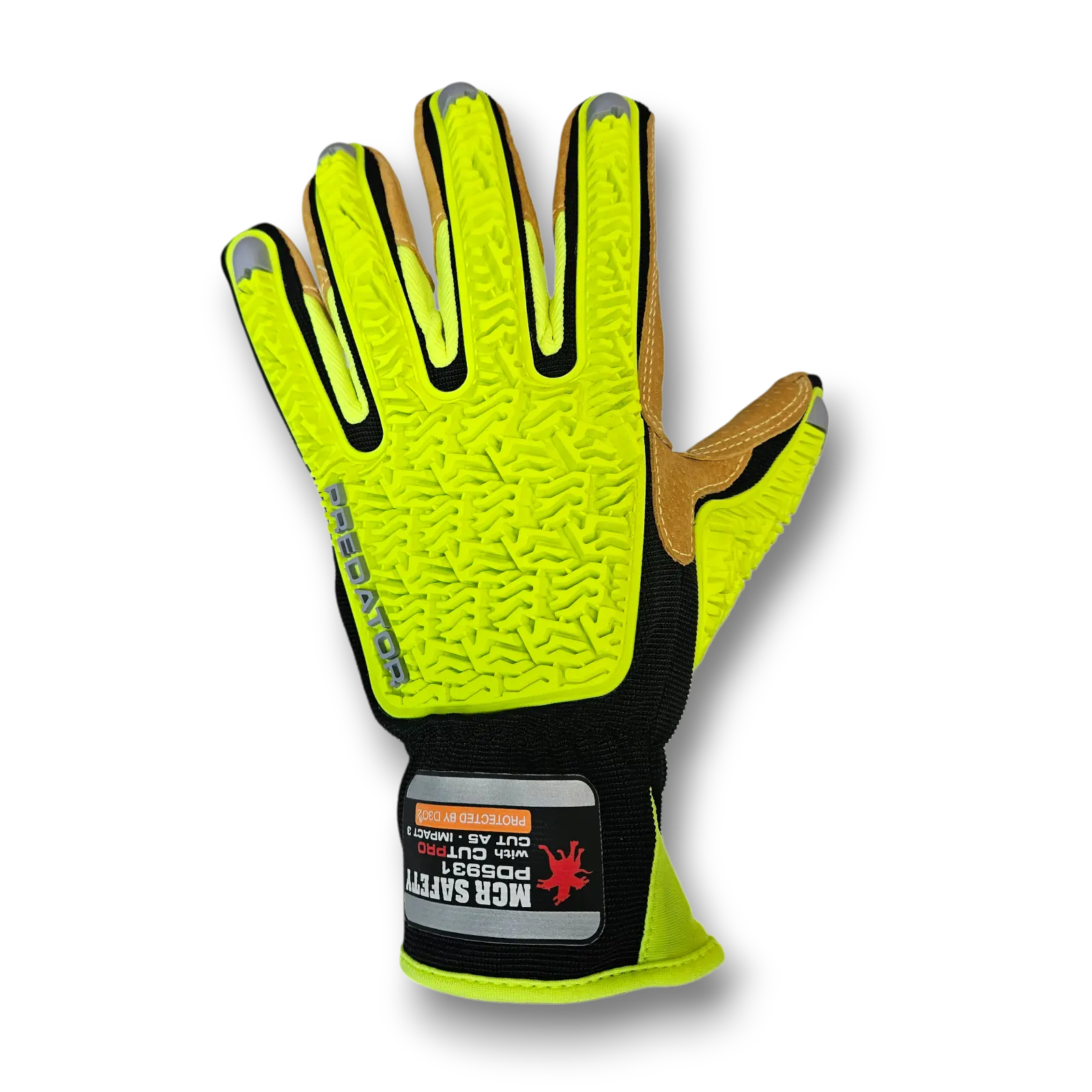 MCR Safety PD5931 Predator Impact Mechanics Gloves, 1 Pair, Split Leather, High Visibility, Eco-Friendly, ANSI 138 Level 3 Impact Protection, Black Spandex Back, Dual-Sided Reflective Cuffs, Durable, Pull Tab Work Safety Gloves for Home Improvement, Pair,