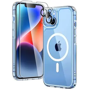 Entronix Case Magnetic Clear Case for iPhone 14 Plus with 1 Tempered and Camera Lens, Shockproof Transparent Crystal Cover, Protective Casing