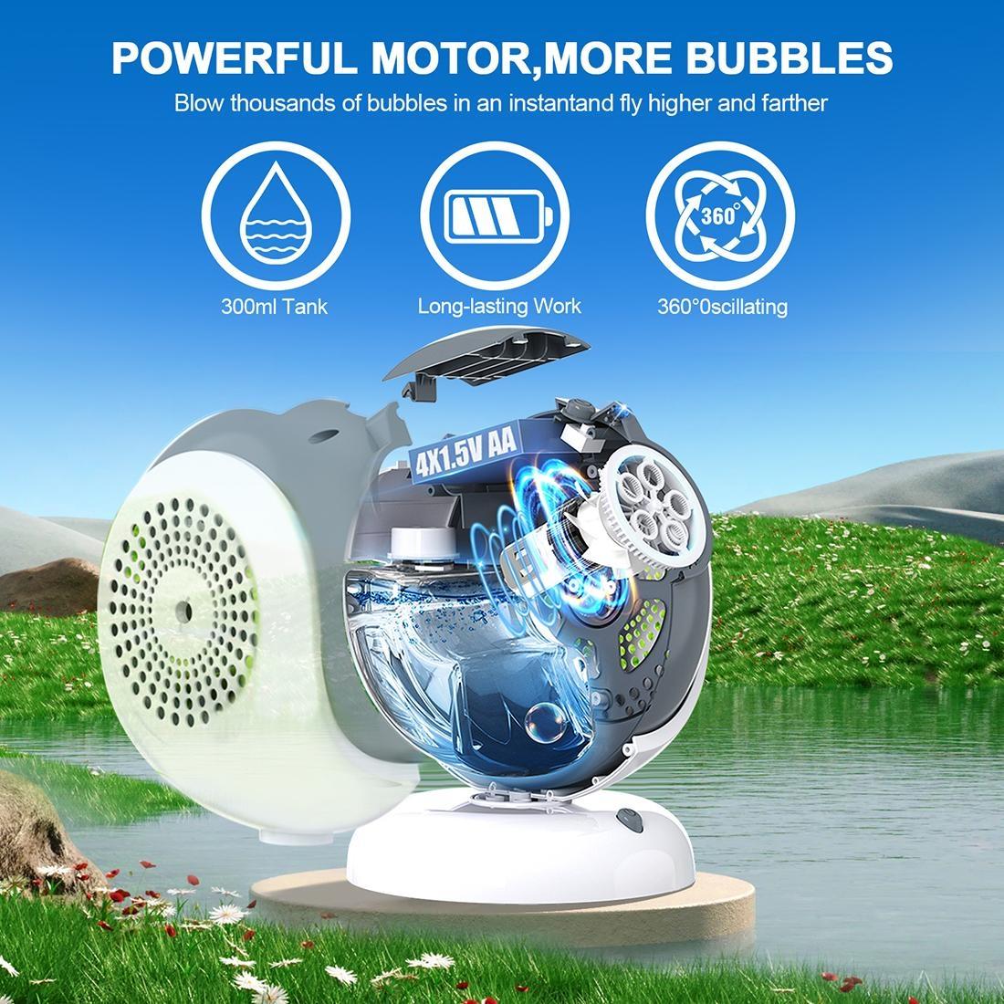 Automatic Bubble Machine 360° Oscillation 75° Adjustable Angle LED Light 300ml Tank Safe ABS Material Ideal for Birthdays Weddings Outdoor Fun Perfect Gift for Kids & Families