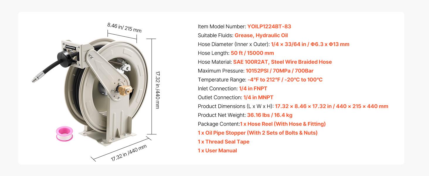 VEVOR Heavy-Duty Automatic Grease Hose Reel, 1/4 in x 50 ft Retractable with Adjustable Arm, Spring-Driven Rewind & Auto Swivel, 10152 PSI Max Powder-Coated Carbon Steel, Steel Wire Braided Hose (-4°F to 212°F, Avoids Tangling) for Lube, Workshops, Mines,
