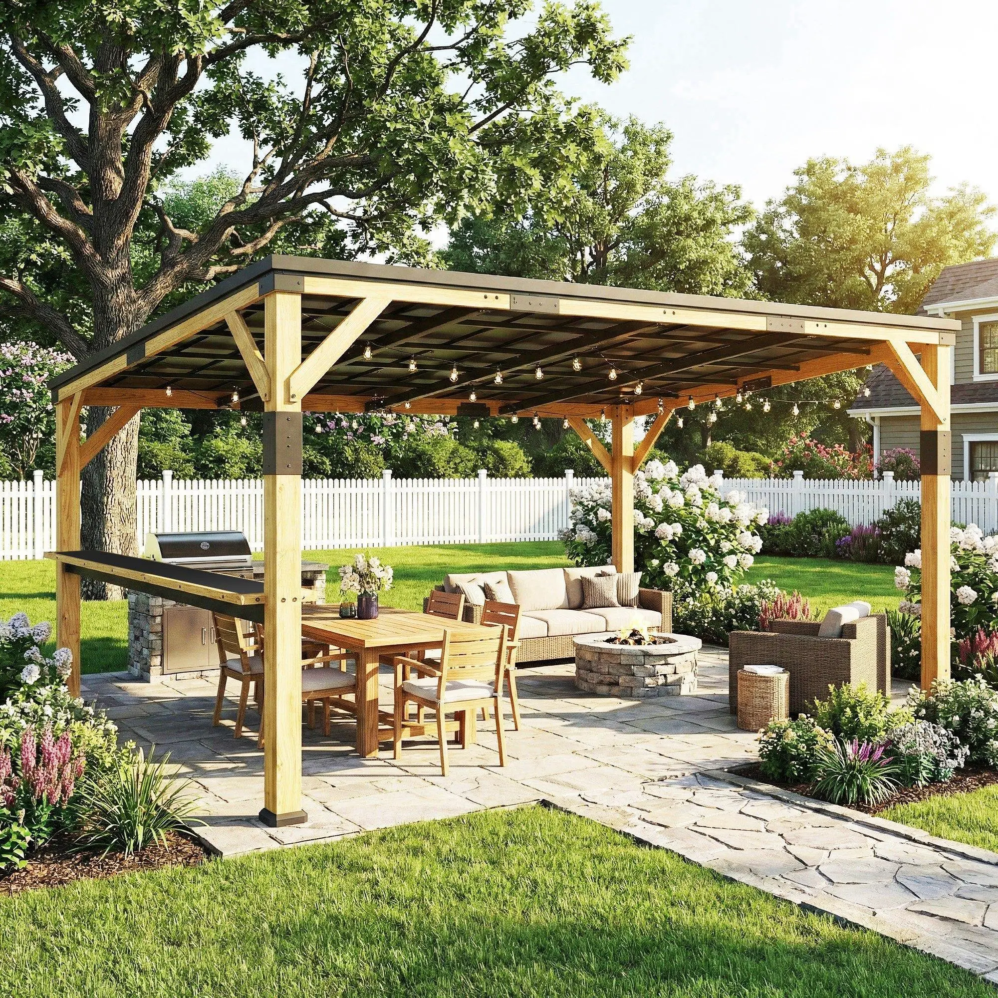Outsunny Sturdy 10'x14' Natural Wood Hardtop Lean-to Outdoor Gazebo DIY Pergola - Galvanized Steel Sloped Rain-proof Patio Canopy, Bar Shelf, 220 lbs Weight Capacity, 171.3"w x123.2"d x78.7"/96.5"h, for Family Picnics, Patio/Backyard, Assembly Required, S