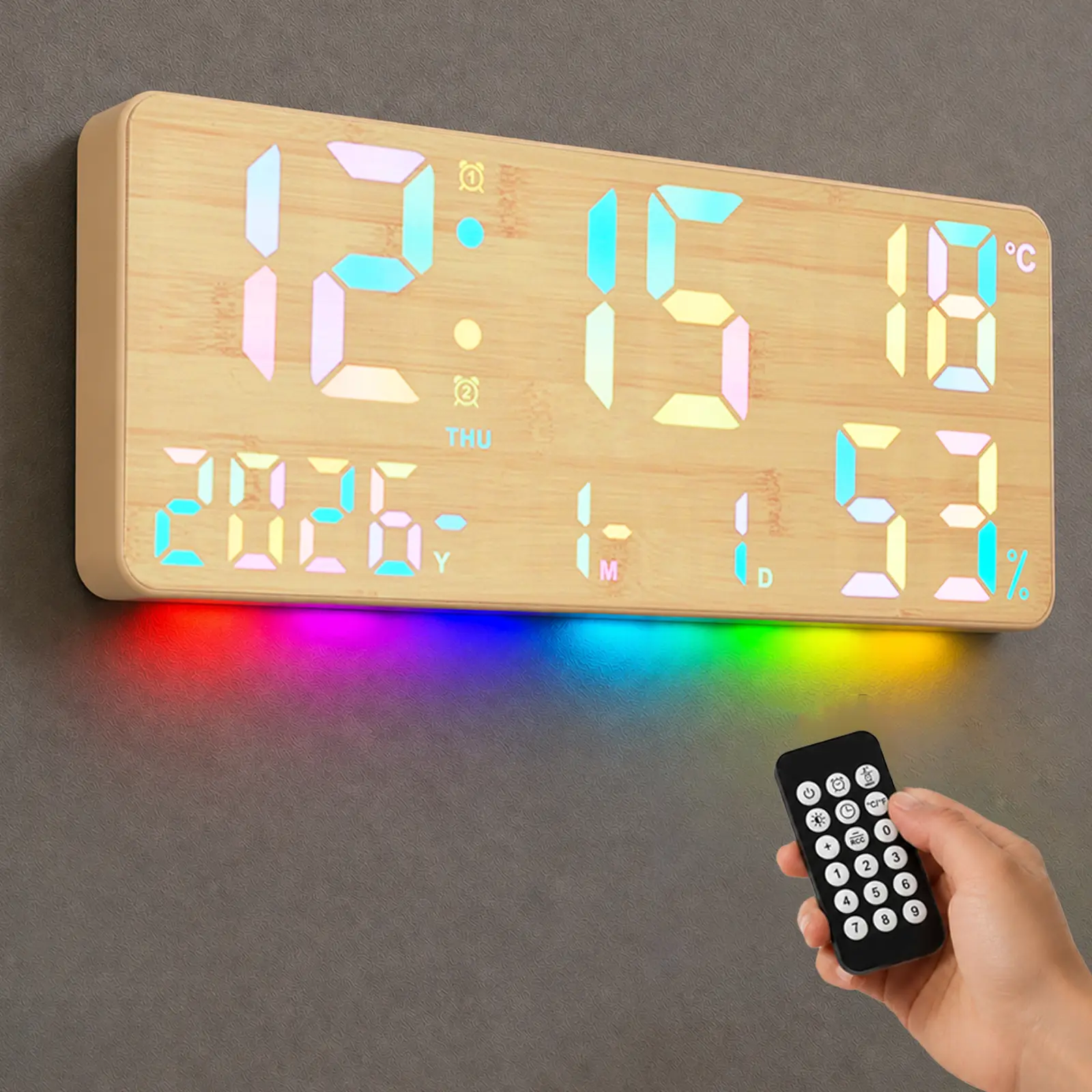 Pacilack 14.6in Square Plastic Decorative Wall Clock - Faux Wood Grain, Linen Finish, Remote Control, Dual Alarms, Big LED Display, 12 RGB Modes, Night Light, Humidity Monitor, Date, Week, Clock with Temperature - Home Decor Gift for Bedrooms, Seniors