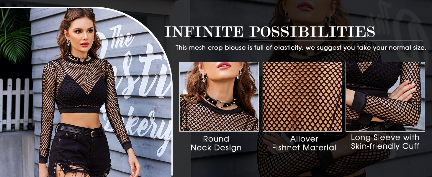 Avidlove Fishnet Top for Women Fishnet Crop Top Long Sleeve Fishnet Shirt Fishnet Long Sleeve Top