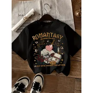Women'S Romantic "Just One More Chapter" Book Print T-Shirt - Casual & Comfortable Crew Neck Short Sleeve Top with Heart & Book Design, Perfect for All Seasons, Casual Wear | Playful Graphic Tee | Comfortable Fit