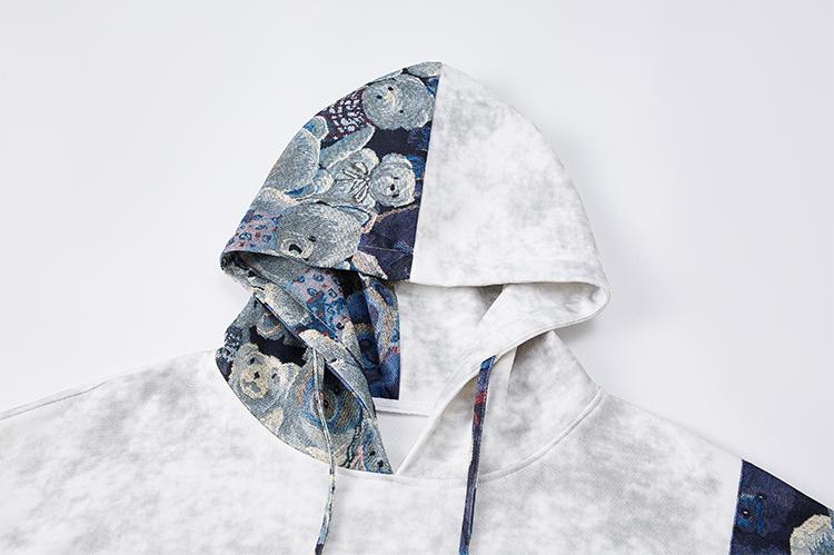 Tie-Dye Embroidered Patchwork Hoodie Men Autumn Winter Trendy Brand Design Loose Fit Jacket, Regular Style, Fleece Lined, Warm Comfortable Soft Mens Long Sleeve Top, Suitable for Casual Daily Wear Travel Outing Pullover Hoodie