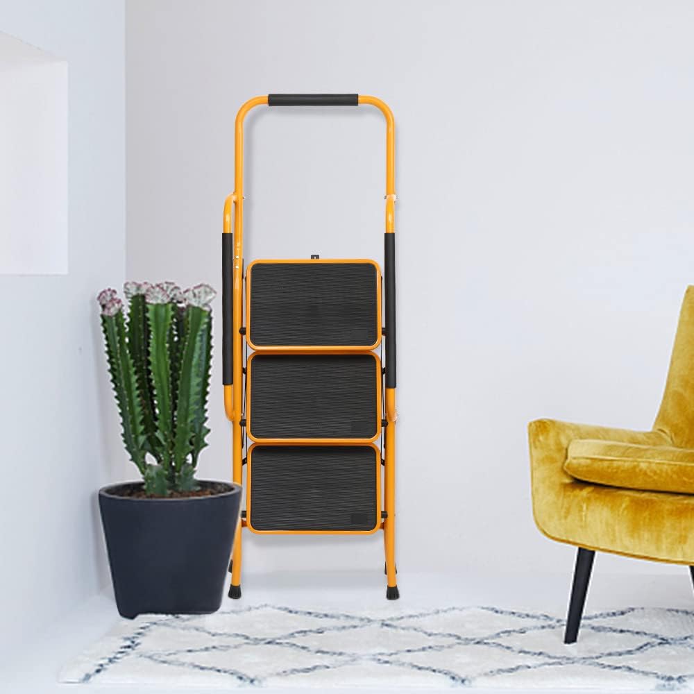 Karlhome 3-Step Staircase with Handrail 300-Pound Folding Step Stool Large Footboard Area Non-Slip Side Handrails for Home Office