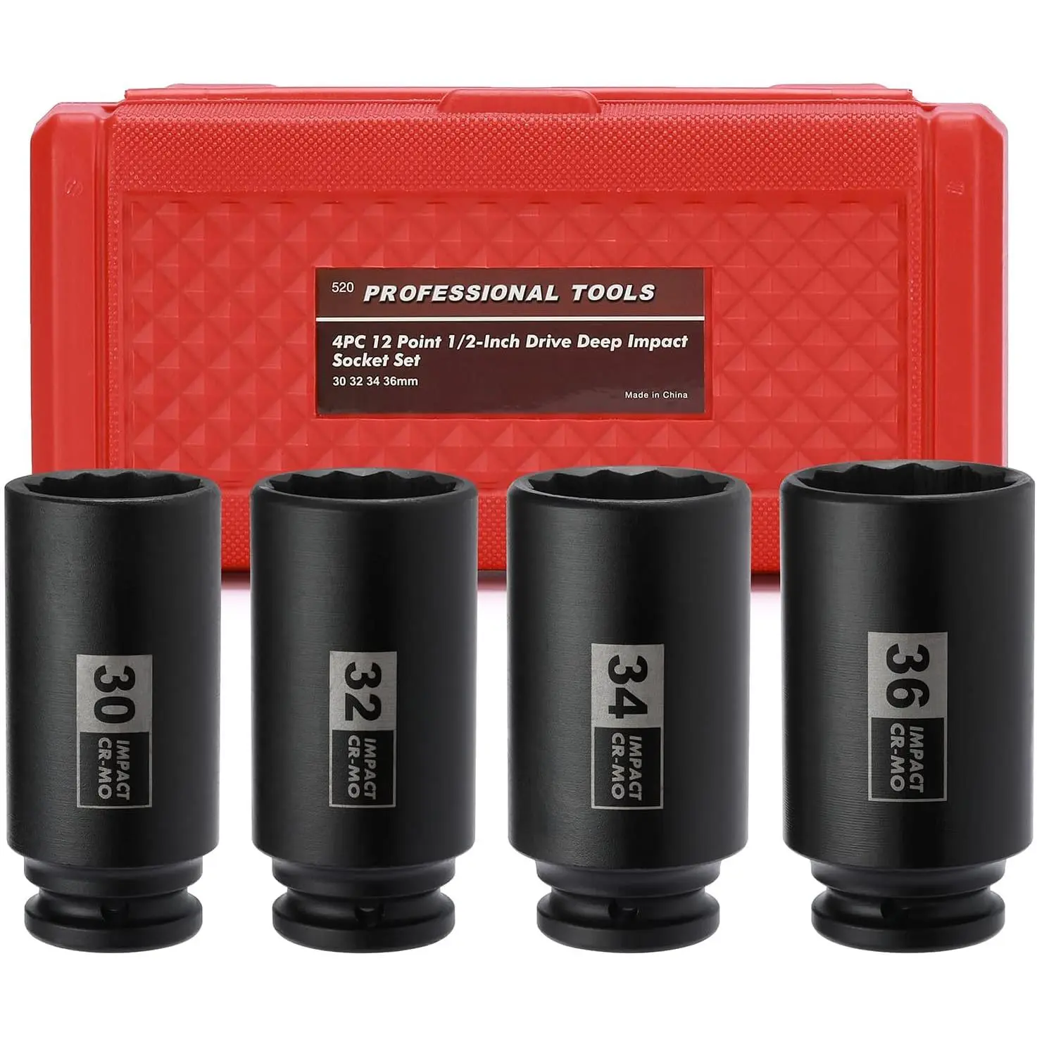 4PCS 1/2" Drive Deep Axle Nut Impact Socket Set, CR-MO, 12 Point Design, Metric, 30,32,34,36mm, 1/2 Inch Extra Deep Impact Socket