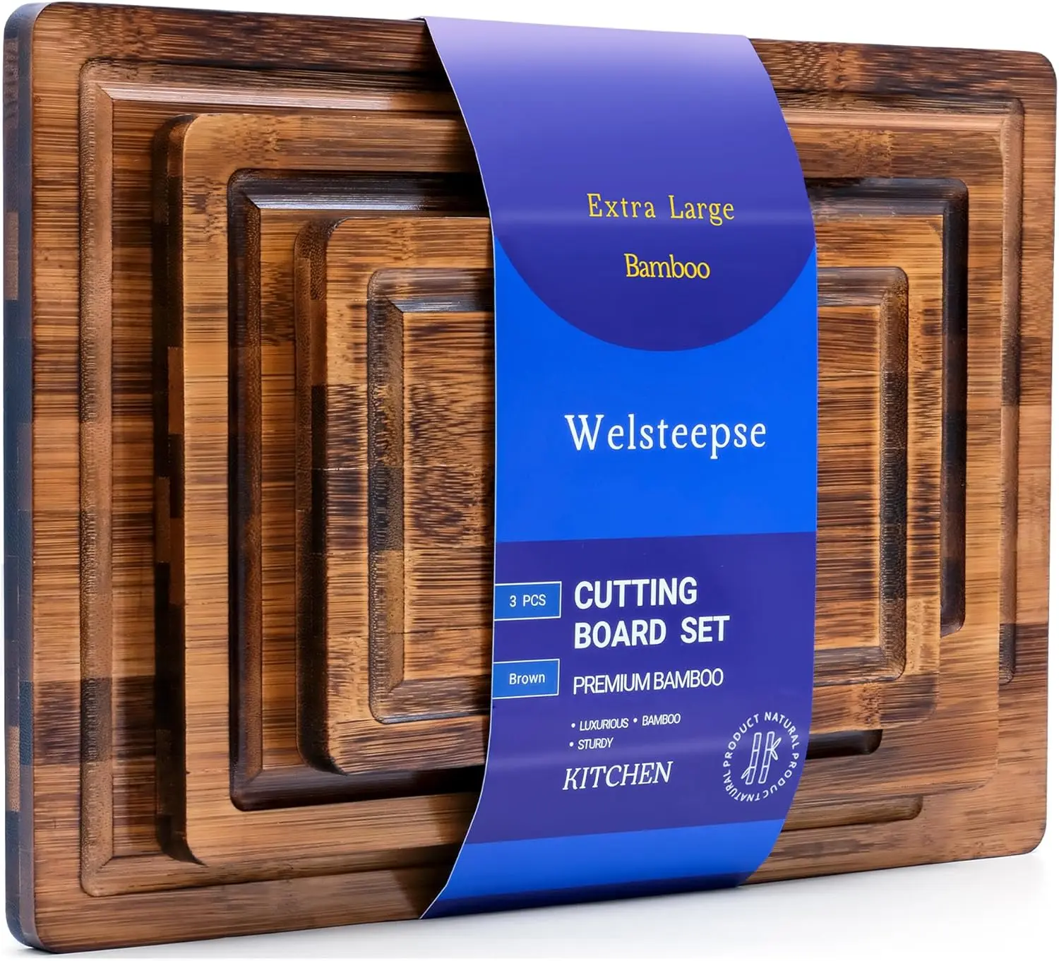 WELSTEEPSE Rectangular 3-Piece Eco-Friendly Bamboo Chopping Boards Set - Deep Carbonized, Durable, Non-Toxic, Scratch-Resistant, Anti-Bacterial Kitchen Supplies with Juice Groove, Portable Utensils for Meat & Veggie Prep (For Eco-Conscious Lifestyle), Scr